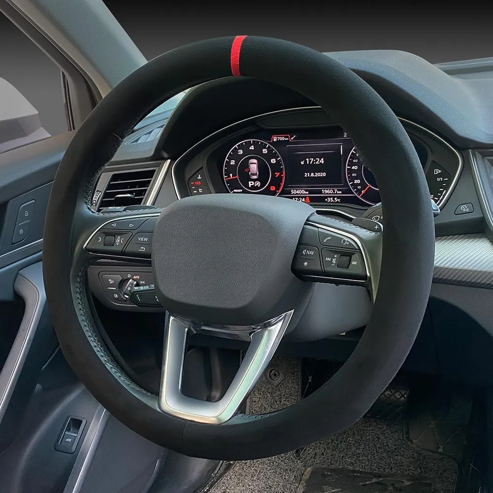 Carodi Suede Steering Wheel Cover - Non-Slip Leather, Fits 15-inch Universal Car Interiors