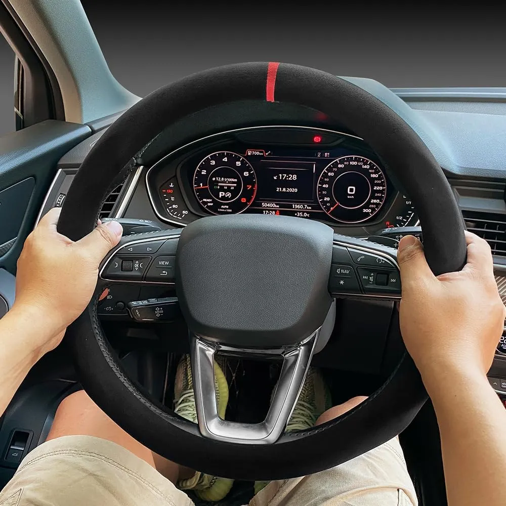 Carodi Suede Steering Wheel Cover - Non-Slip Leather, Fits 15-inch Universal Car Interiors
