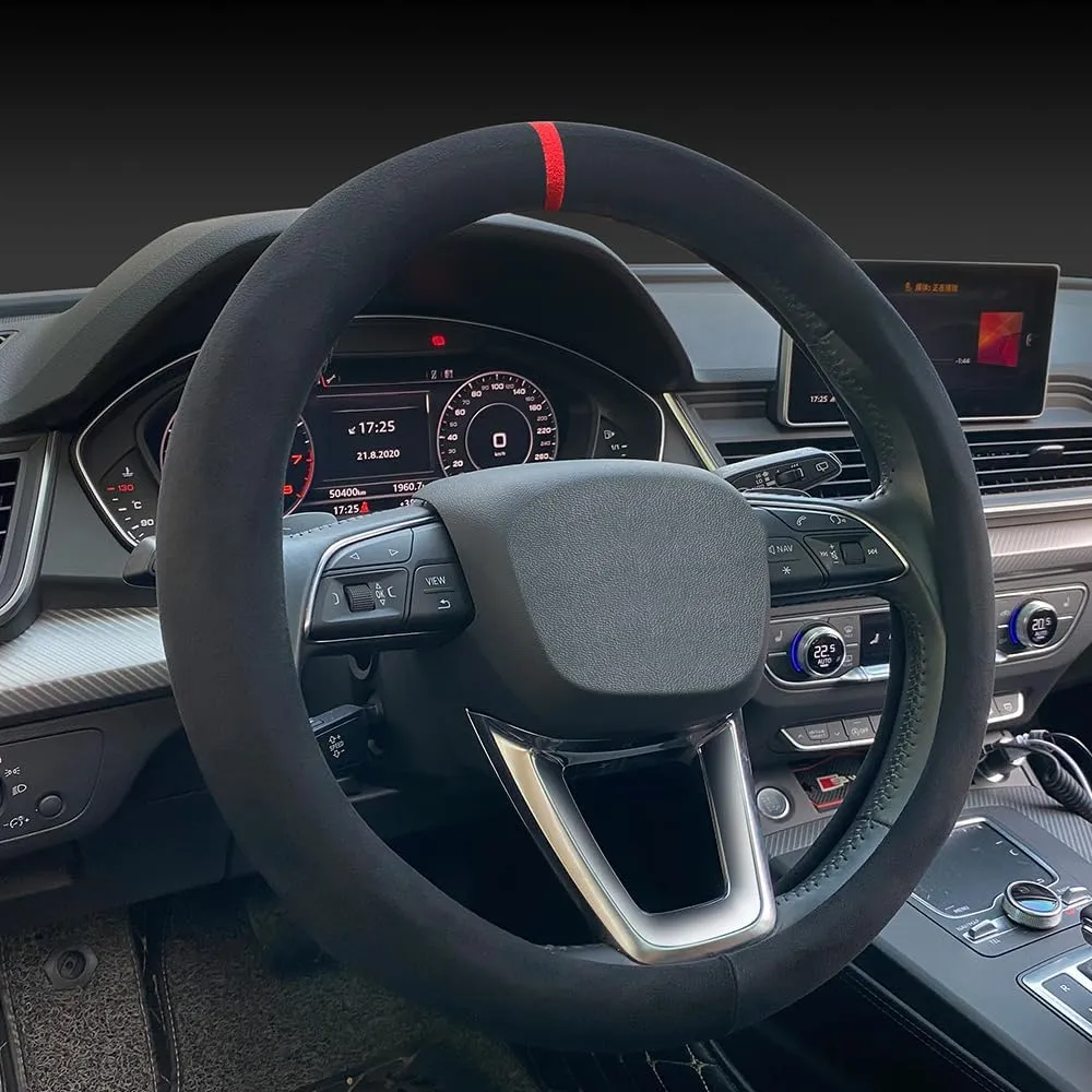 Carodi Suede Steering Wheel Cover - Non-Slip Leather, Fits 15-inch Universal Car Interiors