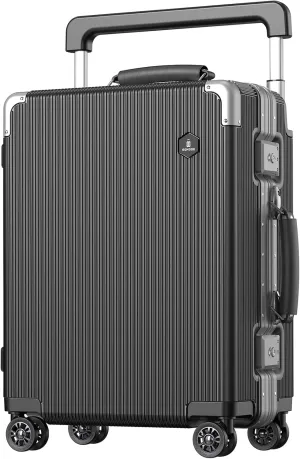 Carry On Luggage, 22x14x9 Inch Airline Approved Aluminum Hard Shell Suitcase with Spinner Wheel, 2 USB Port, Front Laptop Compartment, Cup Holder,TSA Lock (Deep Black with Wide Handle-L02)
