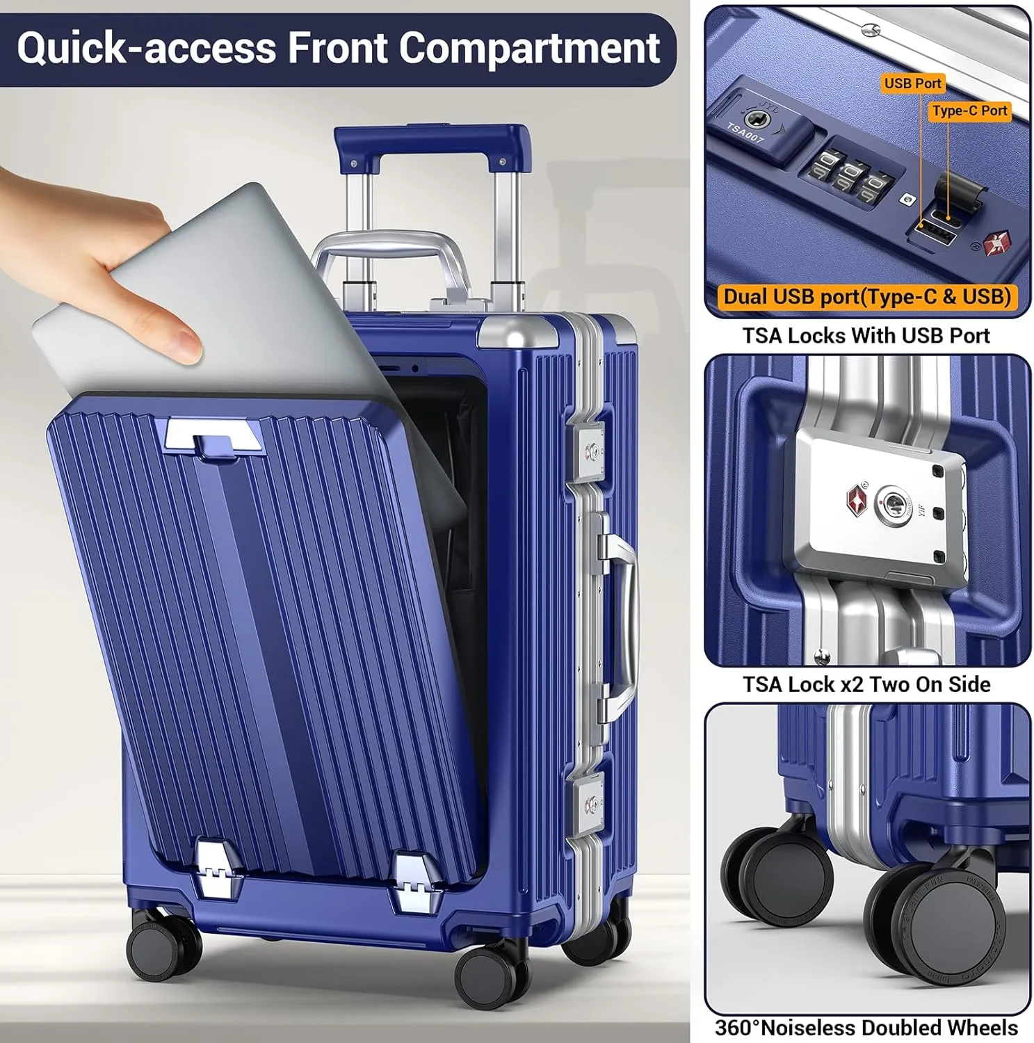 Carry On Luggage, 22x14x9 inch Airline Approved Aluminum Hardside Suitcase with Spinner Wheel, 2 USB Charging, Front Laptop Pocket, Cup Holder, TSA Lock, Lightweight, Travel Gift for Women&Men