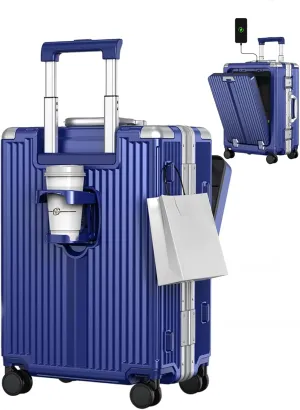 Carry On Luggage, 22x14x9 inch Airline Approved Aluminum Hardside Suitcase with Spinner Wheel, 2 USB Charging, Front Laptop Pocket, Cup Holder, TSA Lock, Lightweight, Travel Gift for Women&Men