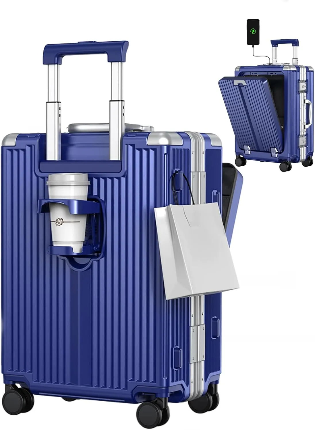 Carry On Luggage, 22x14x9 inch Airline Approved Aluminum Hardside Suitcase with Spinner Wheel, 2 USB Charging, Front Laptop Pocket, Cup Holder, TSA Lock, Lightweight, Travel Gift for Women&Men