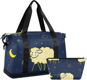 Cartoon Cute Yellow Sheep Oversized Travel Duffel Bag Carry on Bag with Toiletry Bag for Trekking Foldable