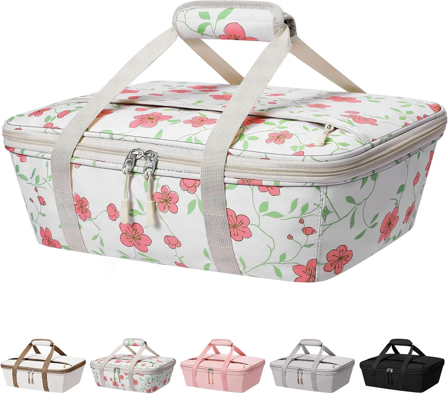 Casserole Carrier - Large Portable Insulated Food Carrier for Hot or Cold Food, Large Capacity Reusable Lunch Tote Warmer or Cooler Bag, Lasagna Lunch Bag for Work Picnic Hiking Beach Parties - Flower