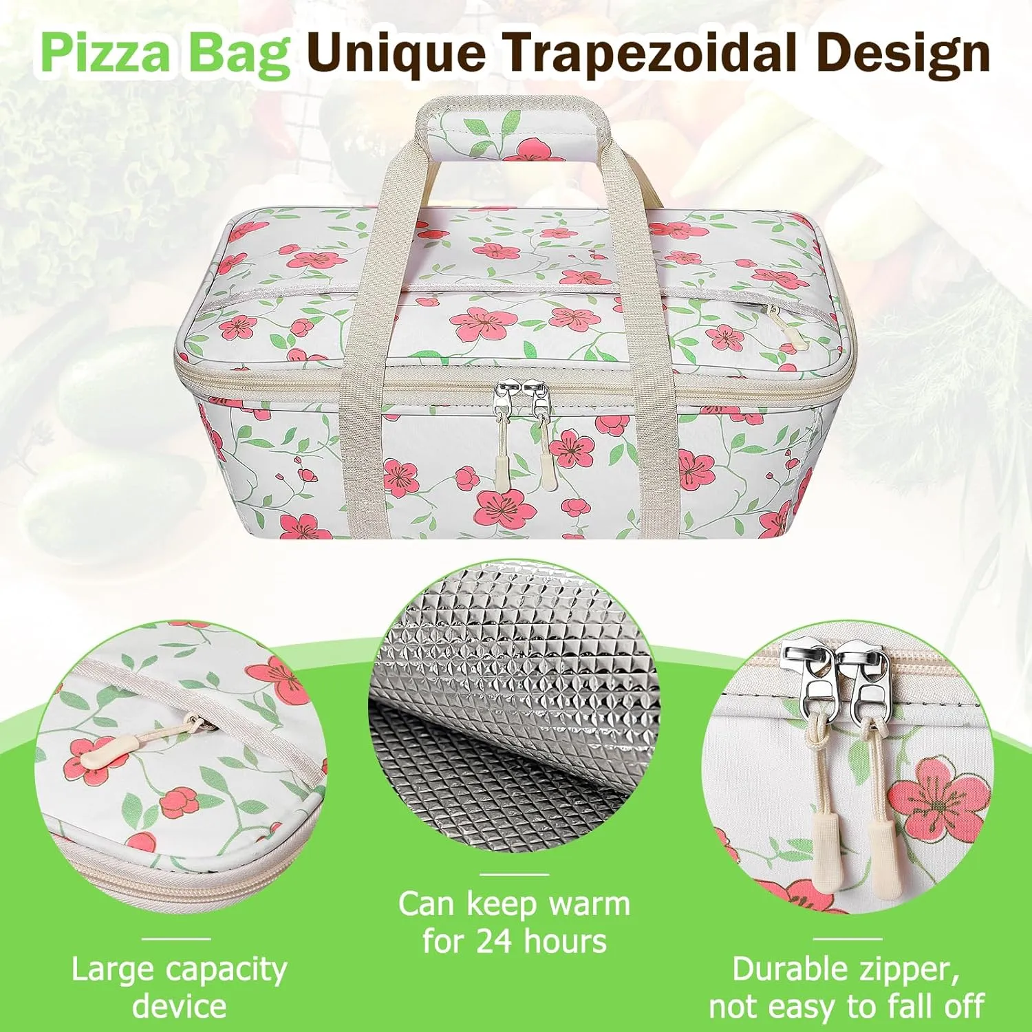 Casserole Carrier - Large Portable Insulated Food Carrier for Hot or Cold Food, Large Capacity Reusable Lunch Tote Warmer or Cooler Bag, Lasagna Lunch Bag for Work Picnic Hiking Beach Parties - Flower