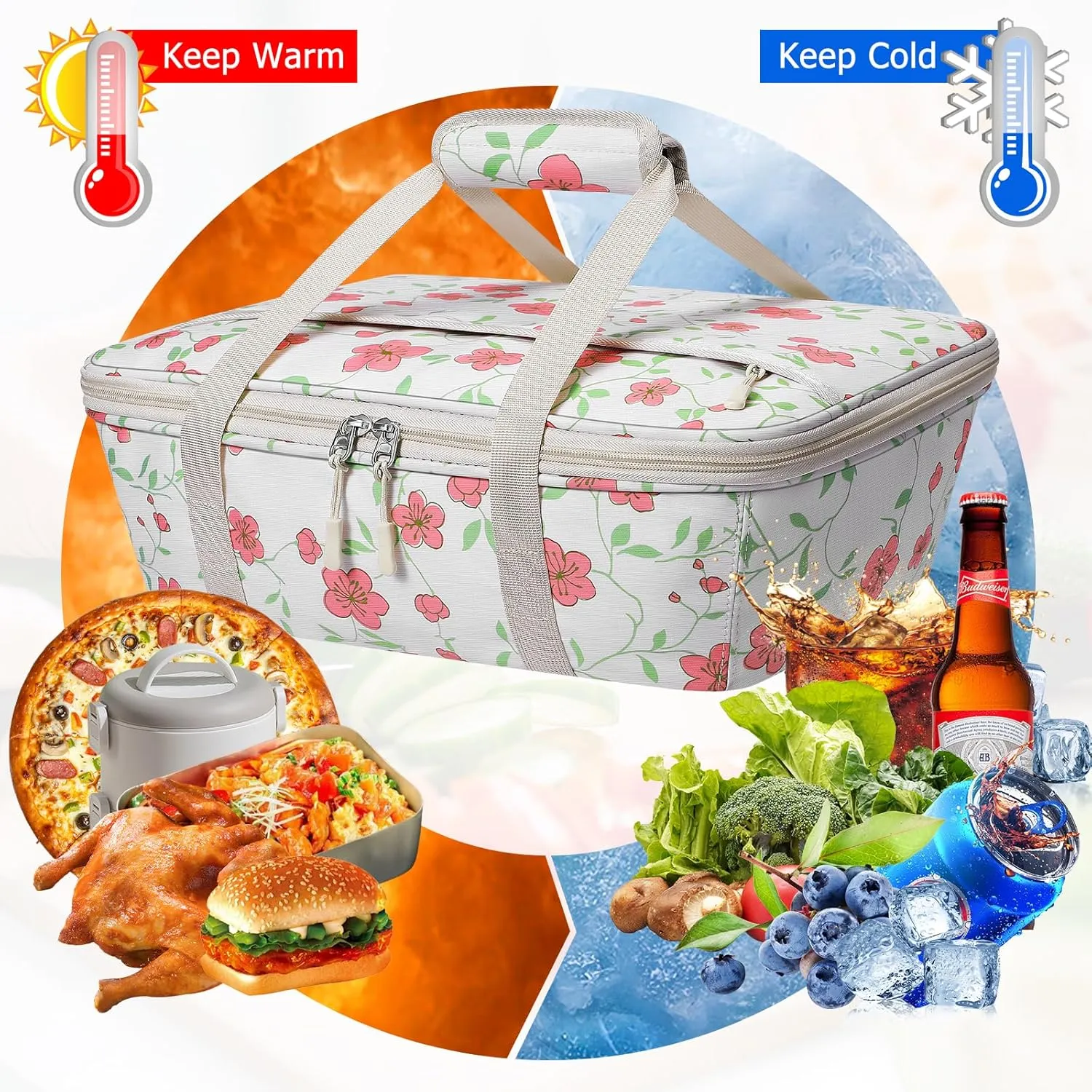 Casserole Carrier - Large Portable Insulated Food Carrier for Hot or Cold Food, Large Capacity Reusable Lunch Tote Warmer or Cooler Bag, Lasagna Lunch Bag for Work Picnic Hiking Beach Parties - Flower