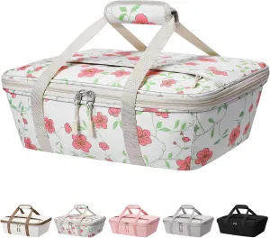 Casserole Carrier - Large Portable Insulated Food Carrier for Hot or Cold Food, Large Capacity Reusable Lunch Tote Warmer or Cooler Bag, Lasagna Lunch Bag for Work Picnic Hiking Beach Parties - Flower