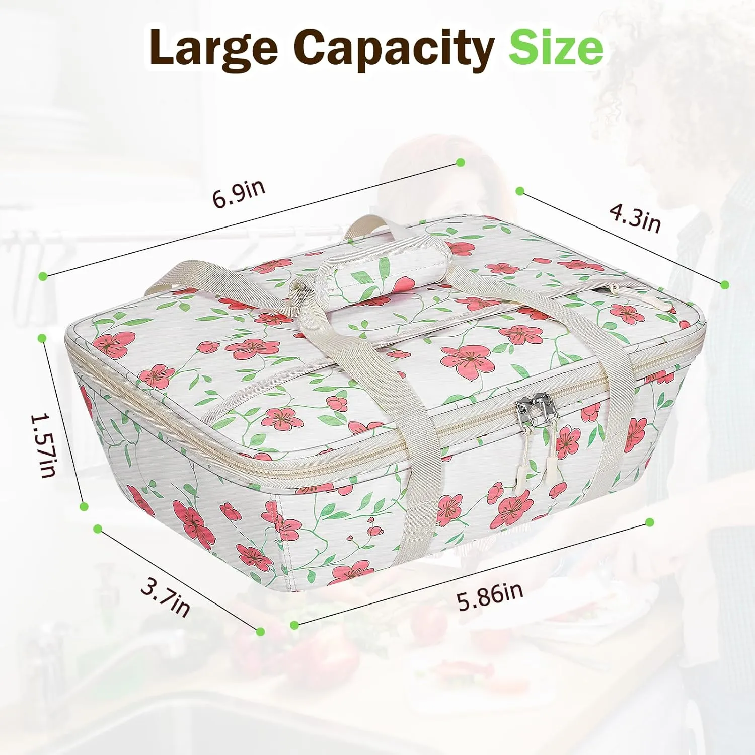 Casserole Carrier - Large Portable Insulated Food Carrier for Hot or Cold Food, Large Capacity Reusable Lunch Tote Warmer or Cooler Bag, Lasagna Lunch Bag for Work Picnic Hiking Beach Parties - Flower