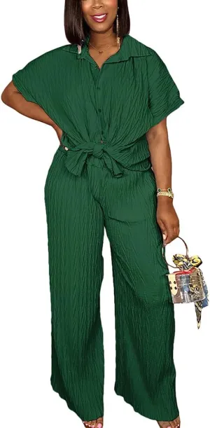 Casual Two Piece Set for Women - Button Down Shirt and Wide Leg Pants Matching Set Tracksuits