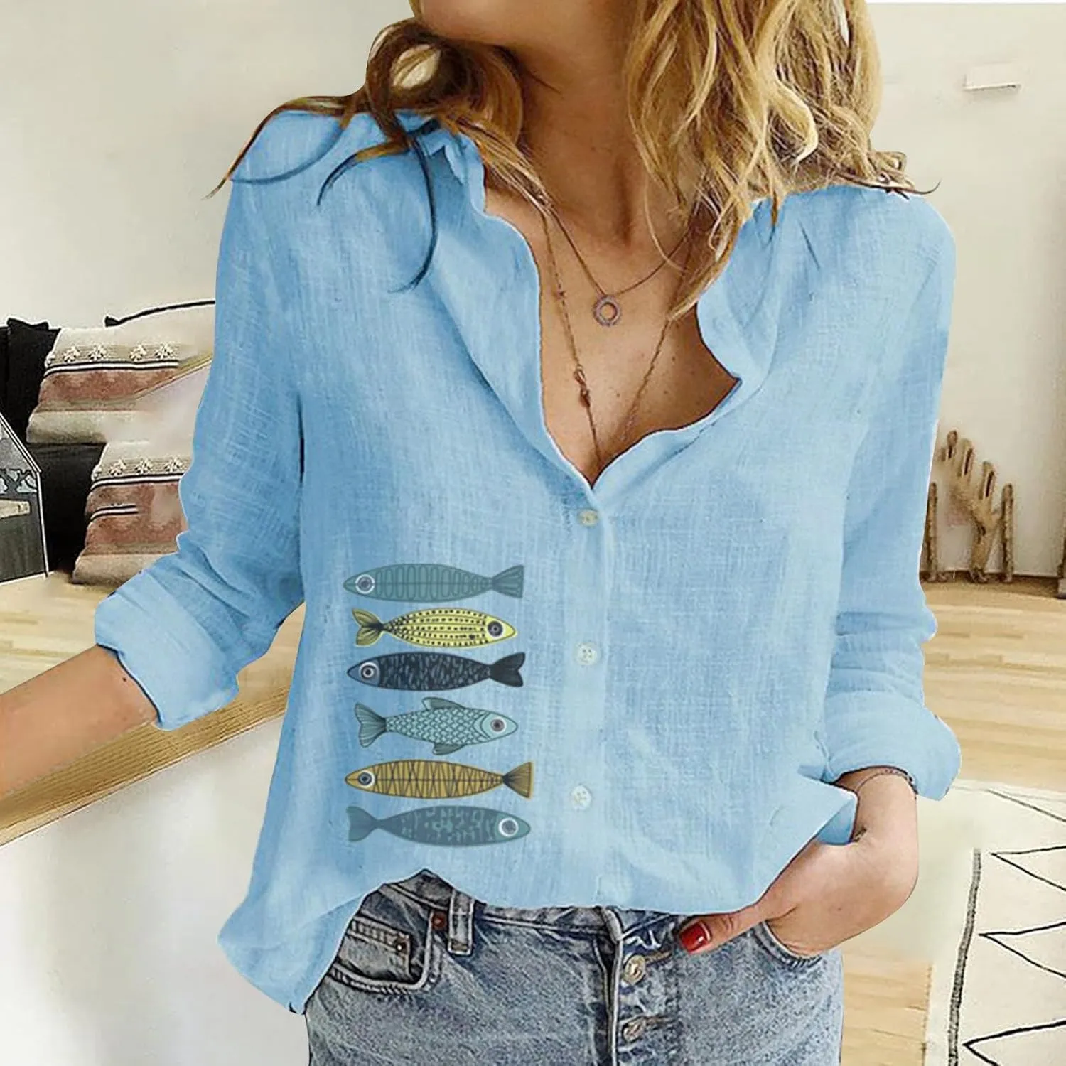 Casual V Neck Button Down Shirts for Women Fragrant Fabric Shirt Womens Tops Casual Boho Clothes for Women Linen