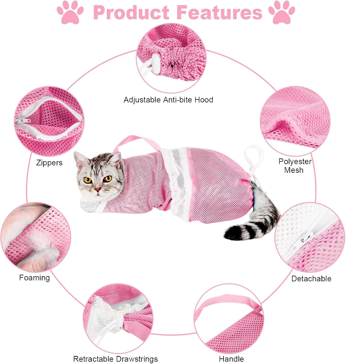 Cat Bathing Bag Set 8 PCS with Cat Shower Net Bag Breathable Mesh Cat Muzzle Adjustable Pet Grooming Brush Nail Clipper Nail File Tick Tool Nail Cap for Cat Nail Trimming Washing Restraint Feeding