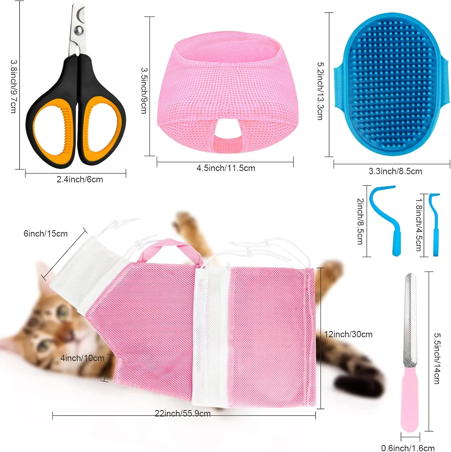Cat Bathing Bag Set 8 PCS with Cat Shower Net Bag Breathable Mesh Cat Muzzle Adjustable Pet Grooming Brush Nail Clipper Nail File Tick Tool Nail Cap for Cat Nail Trimming Washing Restraint Feeding
