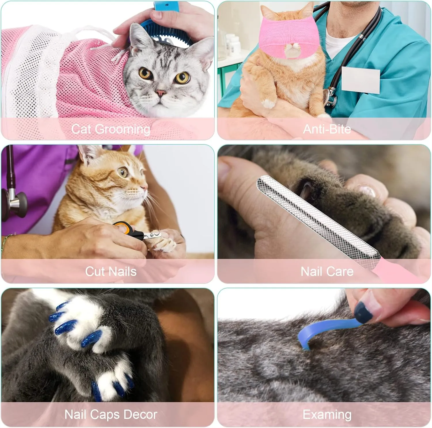 Cat Bathing Bag Set 8 PCS with Cat Shower Net Bag Breathable Mesh Cat Muzzle Adjustable Pet Grooming Brush Nail Clipper Nail File Tick Tool Nail Cap for Cat Nail Trimming Washing Restraint Feeding
