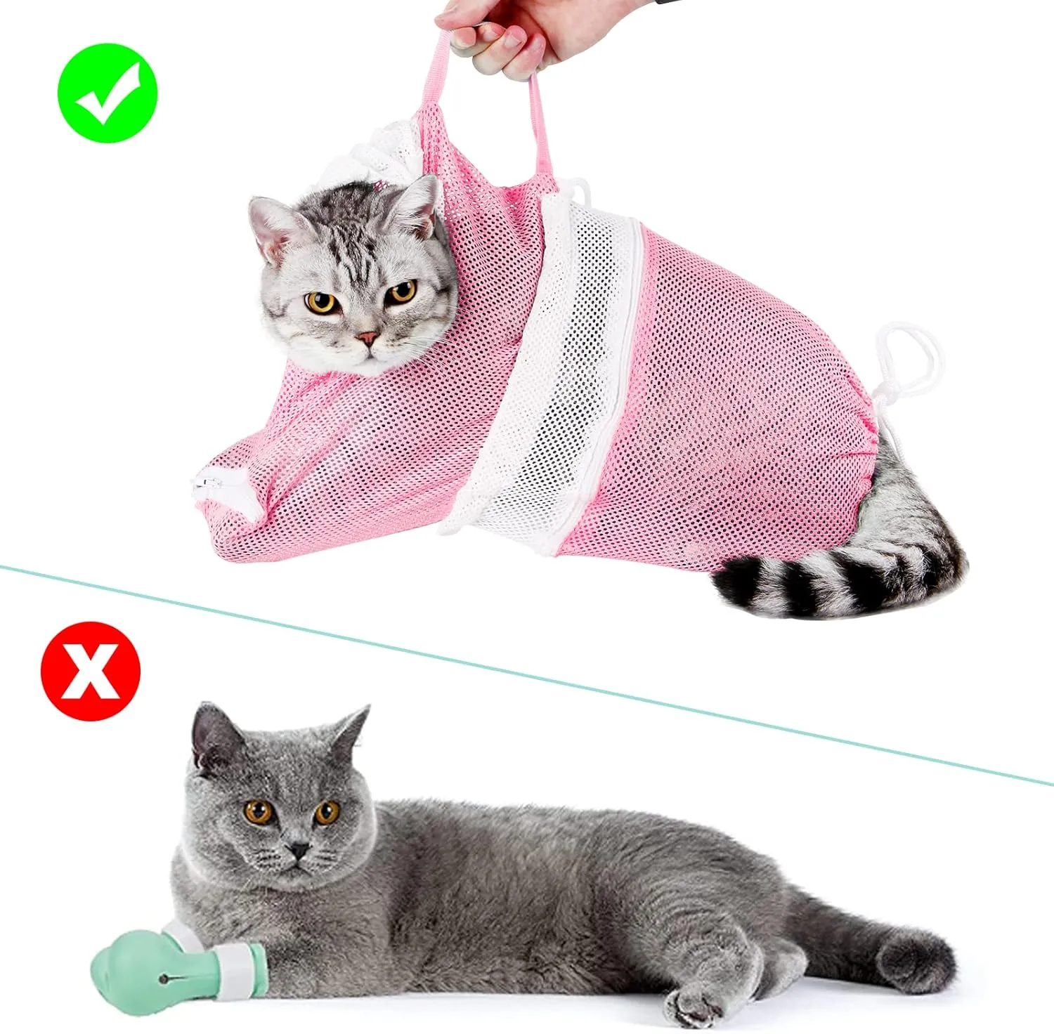 Cat Bathing Bag Set 8 PCS with Cat Shower Net Bag Breathable Mesh Cat Muzzle Adjustable Pet Grooming Brush Nail Clipper Nail File Tick Tool Nail Cap for Cat Nail Trimming Washing Restraint Feeding