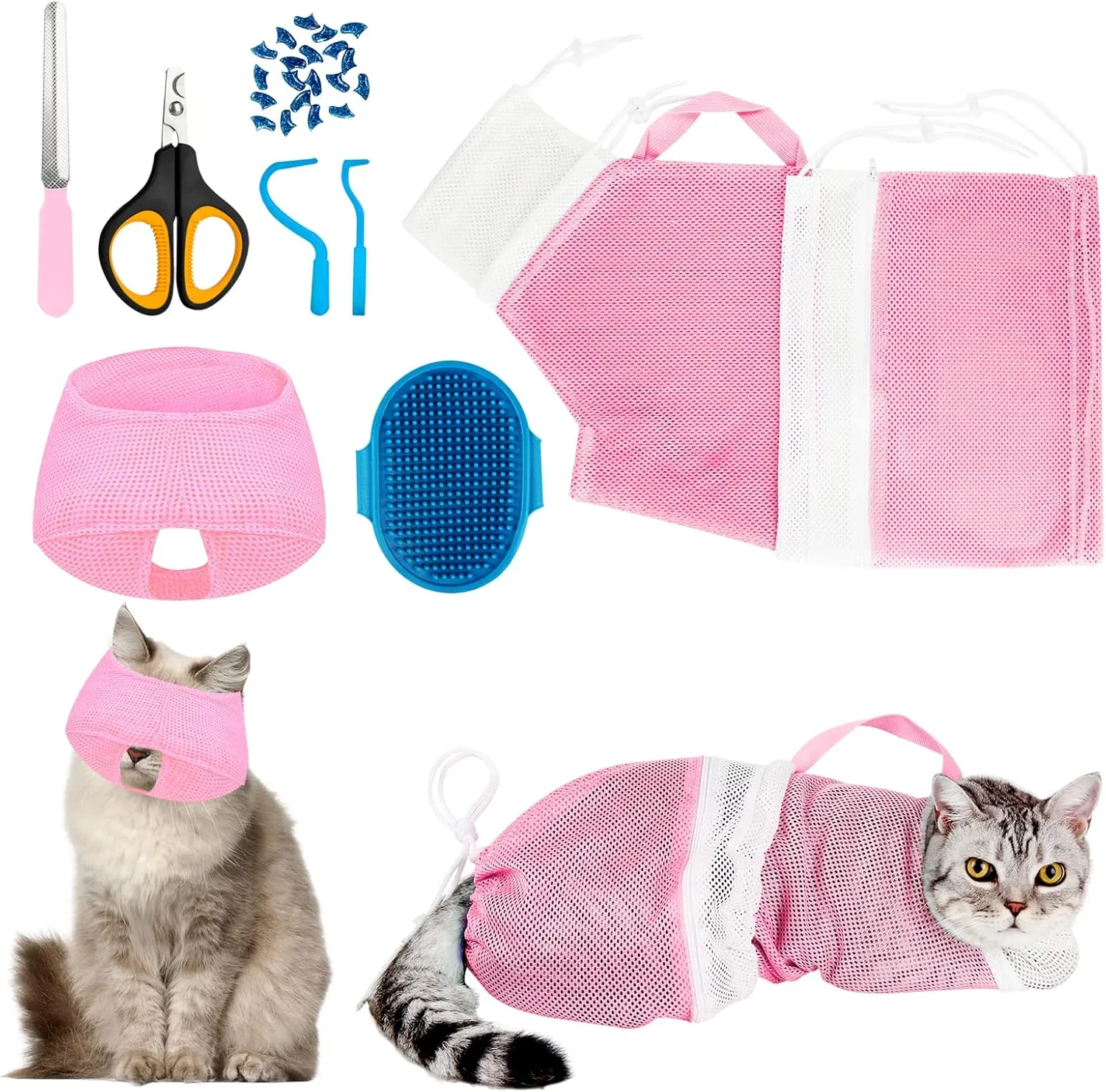 Cat Bathing Bag Set 8 PCS with Cat Shower Net Bag Breathable Mesh Cat Muzzle Adjustable Pet Grooming Brush Nail Clipper Nail File Tick Tool Nail Cap for Cat Nail Trimming Washing Restraint Feeding