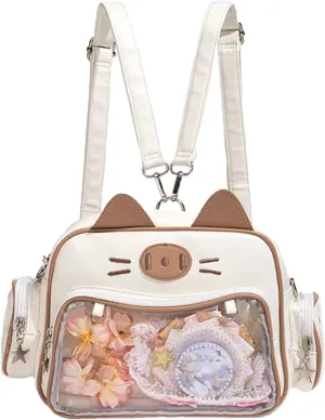 Cat cute Backpack Cat Ita Bag pin Display Crossbody Bag PU Leather Backpack Big Capacity Backpack y2k (B)