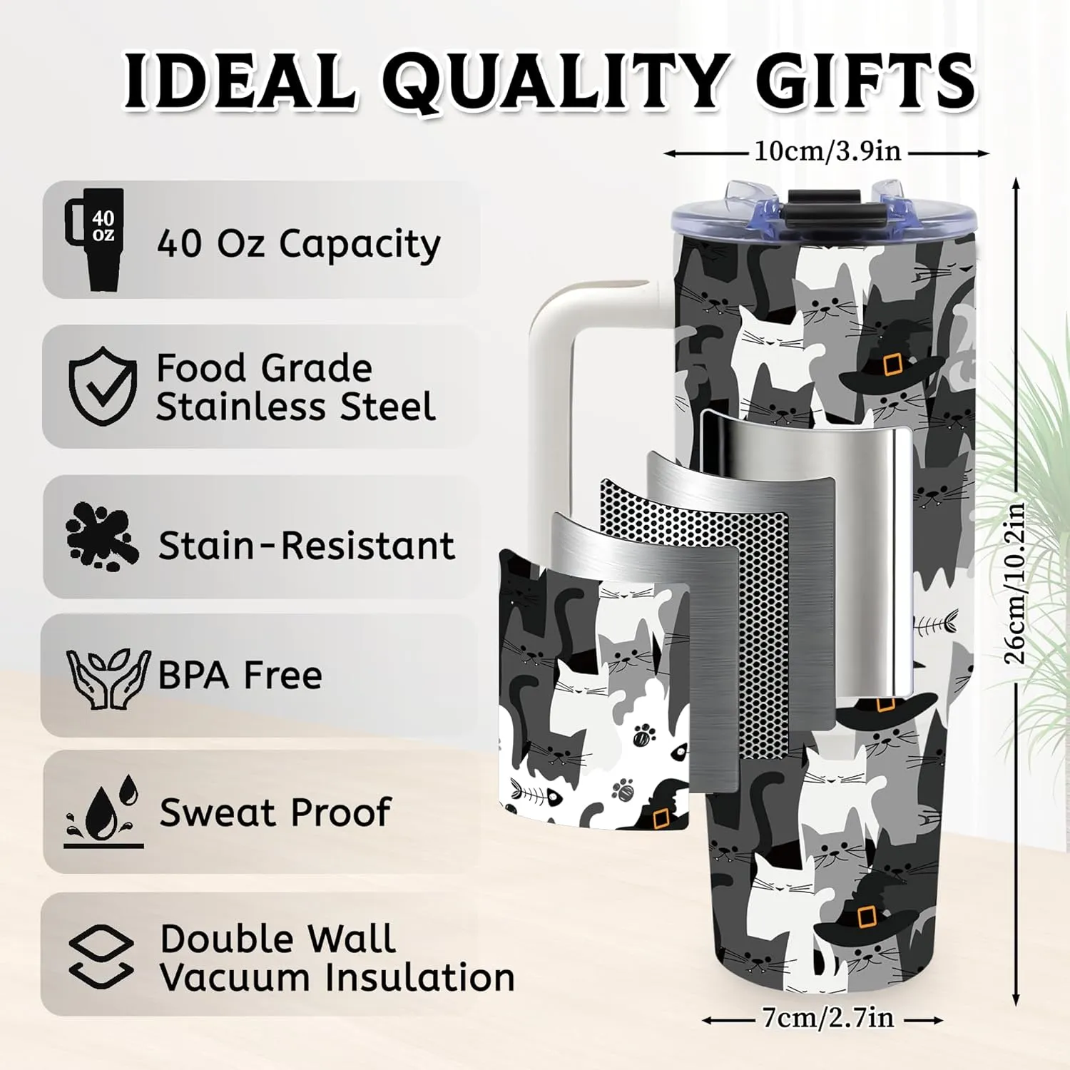Cat Gifts Cat Lover Gifts, Black Cat Tumbler for Women Men, Birthday Gift for Cat Mom, 40 oz Stainless Steel Cat Coffee Cups with Handle, Cat Themed Gifts for Women