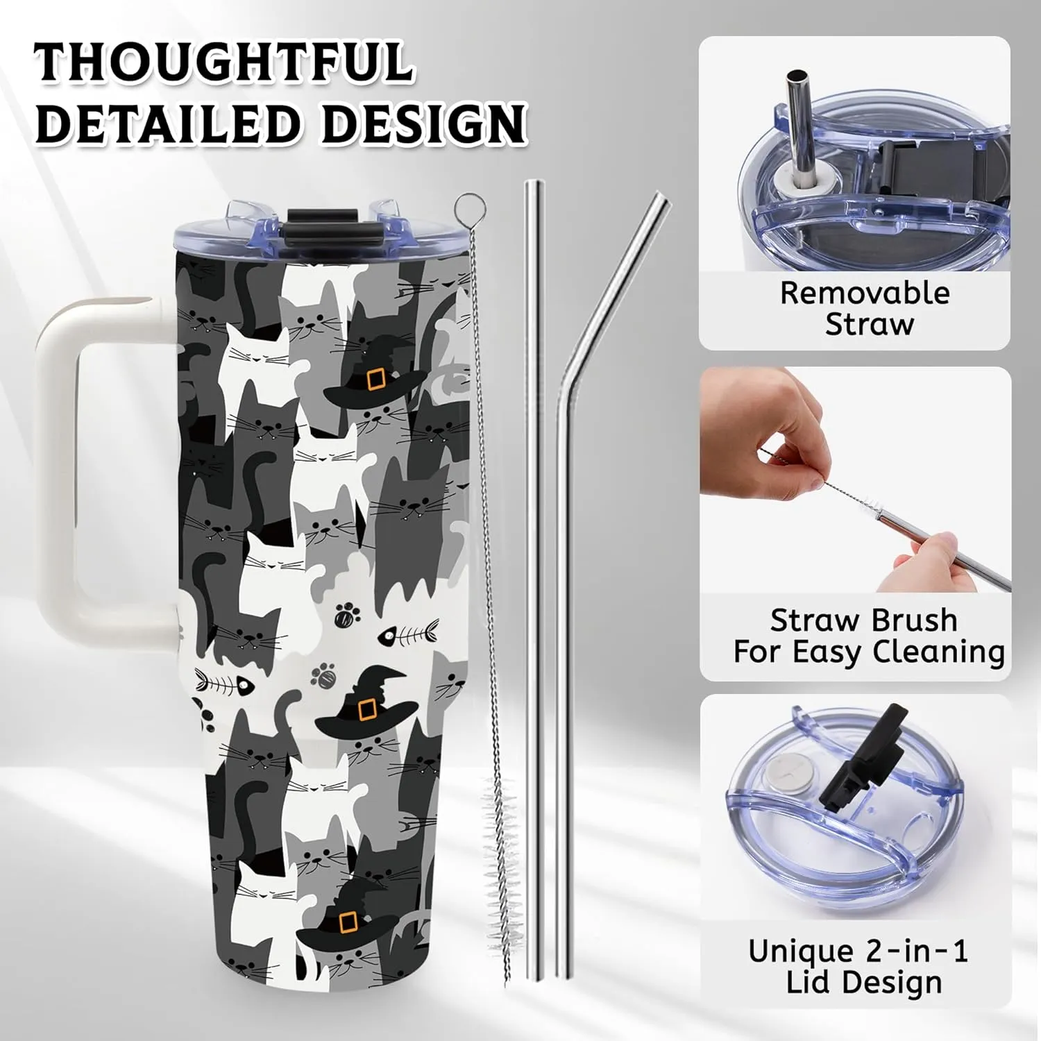 Cat Gifts Cat Lover Gifts, Black Cat Tumbler for Women Men, Birthday Gift for Cat Mom, 40 oz Stainless Steel Cat Coffee Cups with Handle, Cat Themed Gifts for Women