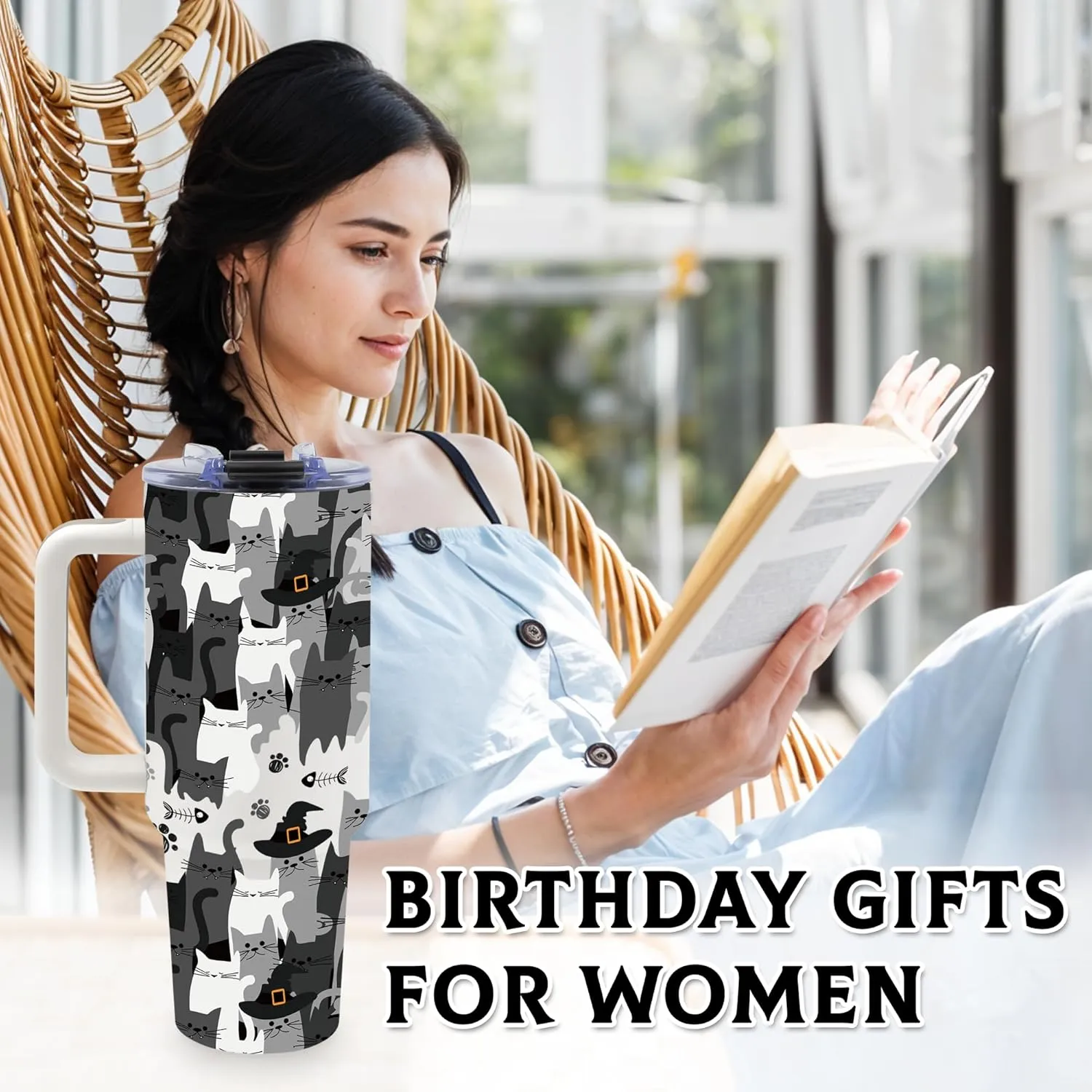 Cat Gifts Cat Lover Gifts, Black Cat Tumbler for Women Men, Birthday Gift for Cat Mom, 40 oz Stainless Steel Cat Coffee Cups with Handle, Cat Themed Gifts for Women