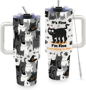 Cat Gifts Cat Lover Gifts, Black Cat Tumbler for Women Men, Birthday Gift for Cat Mom, 40 oz Stainless Steel Cat Coffee Cups with Handle, Cat Themed Gifts for Women