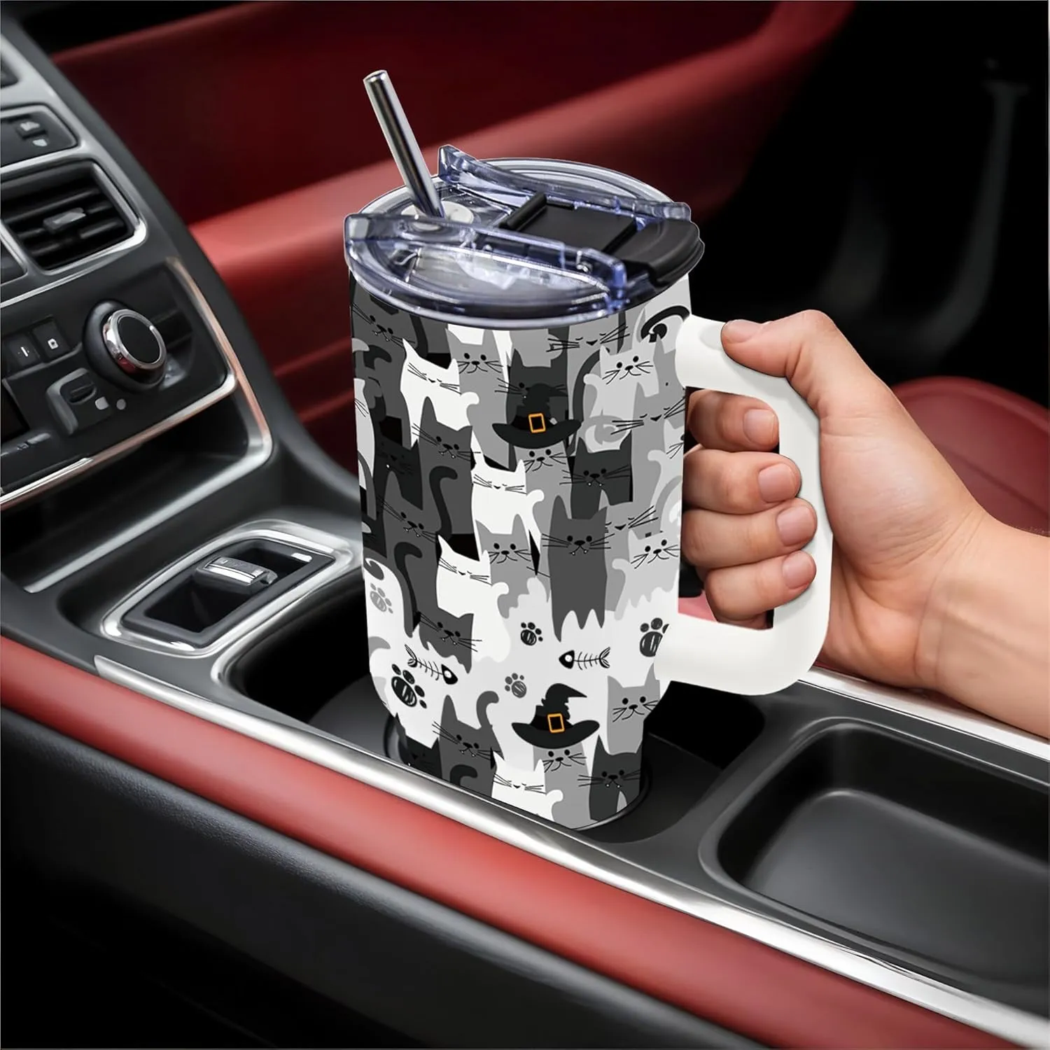 Cat Gifts Cat Lover Gifts, Black Cat Tumbler for Women Men, Birthday Gift for Cat Mom, 40 oz Stainless Steel Cat Coffee Cups with Handle, Cat Themed Gifts for Women