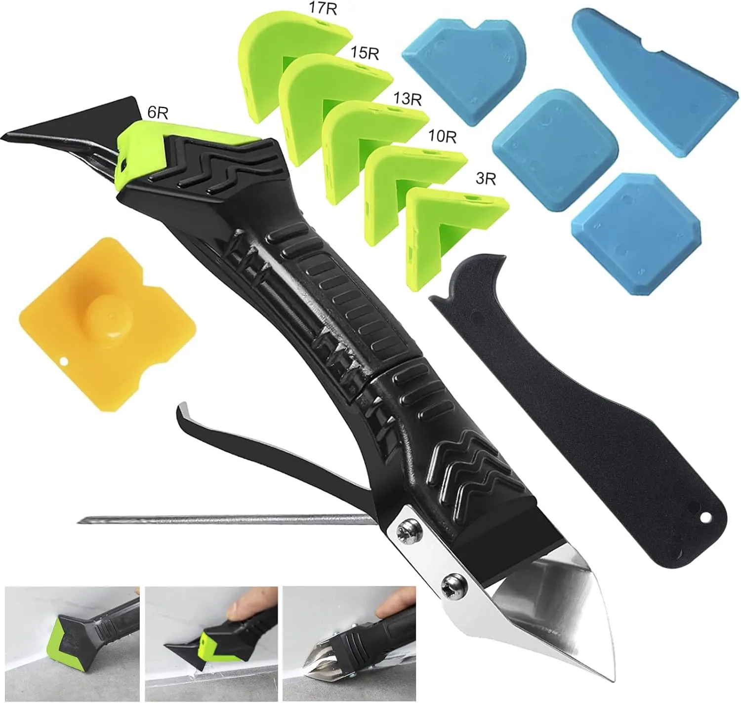 Caulking Tool 5 in 1 Silicone Caulking Grout Removal Sealant Finishing Tool with Grout Scraper, 6 Exchange Silicone Pads, Adhesive Residue Scraper Seam Repair Kit for Kitchen Bathroom