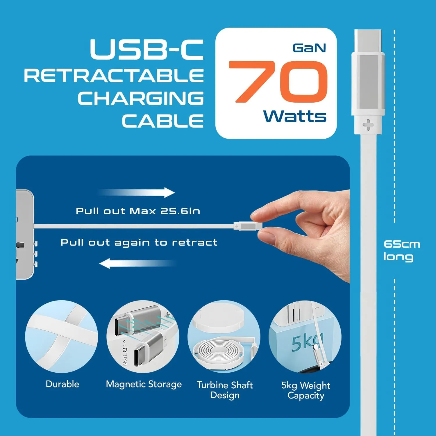 Ceptics Universal Travel Adapter with 65cm Retractable USB-C Cable - 3x USB Ports (QC 3.0, PD 70W), Compatible with Type A, C, G, I Outputs