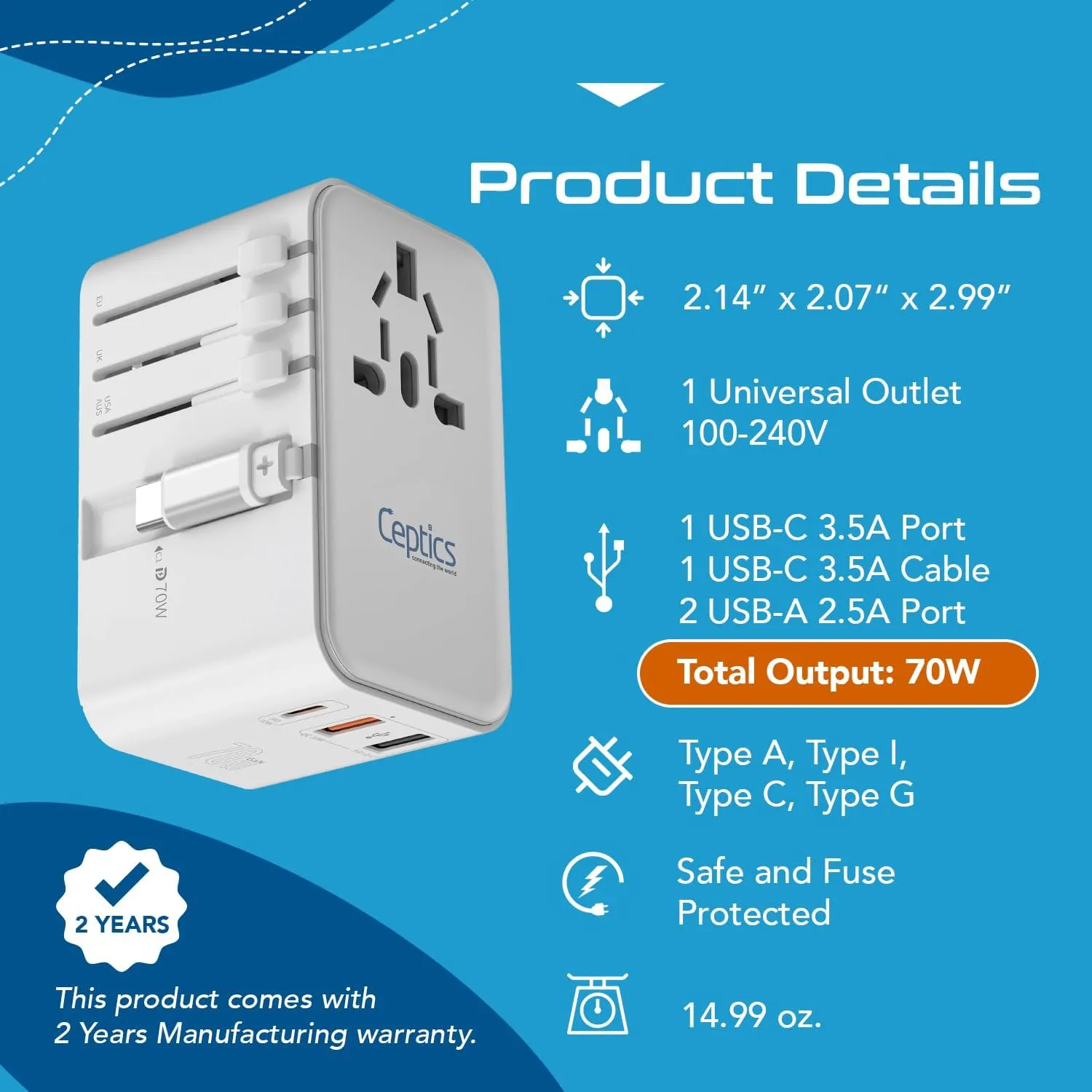 Ceptics Universal Travel Adapter with 65cm Retractable USB-C Cable - 3x USB Ports (QC 3.0, PD 70W), Compatible with Type A, C, G, I Outputs