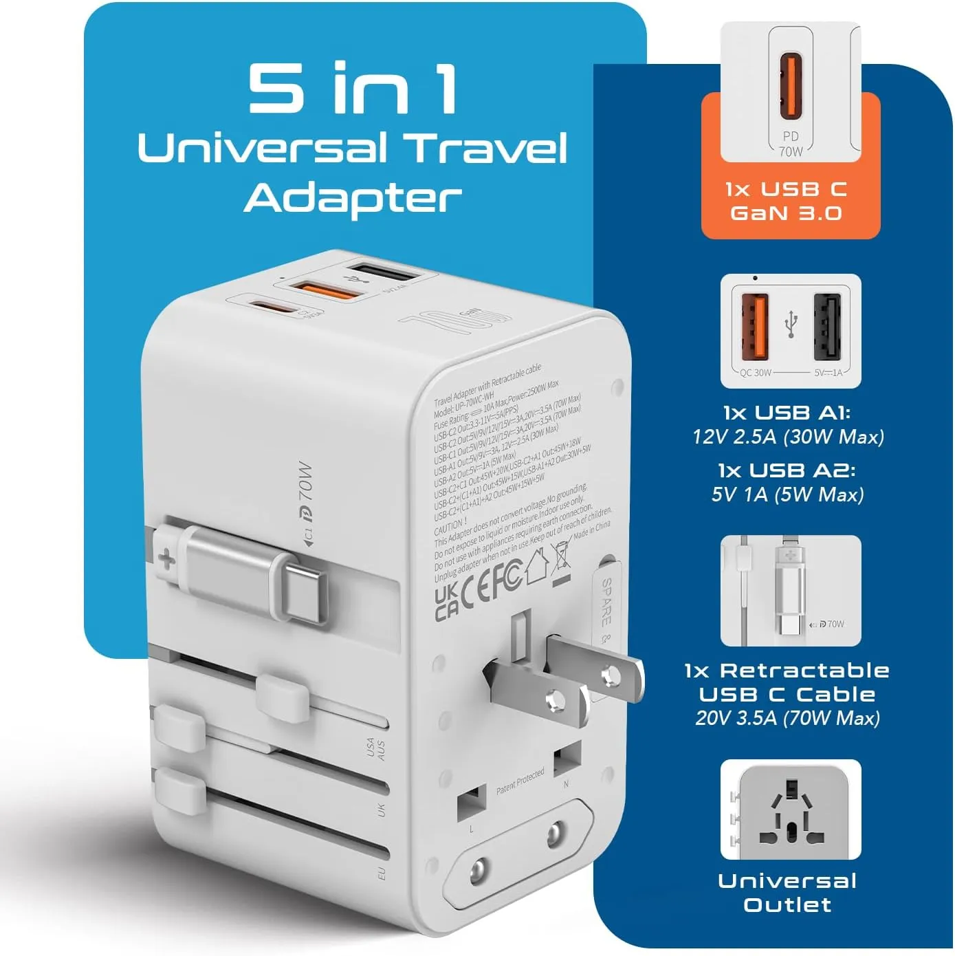 Ceptics Universal Travel Adapter with 65cm Retractable USB-C Cable - 3x USB Ports (QC 3.0, PD 70W), Compatible with Type A, C, G, I Outputs