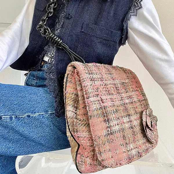 Chanel Around 2005 Made Tweed Camellia Design Chain Shoulder Bag Pink/Multi
