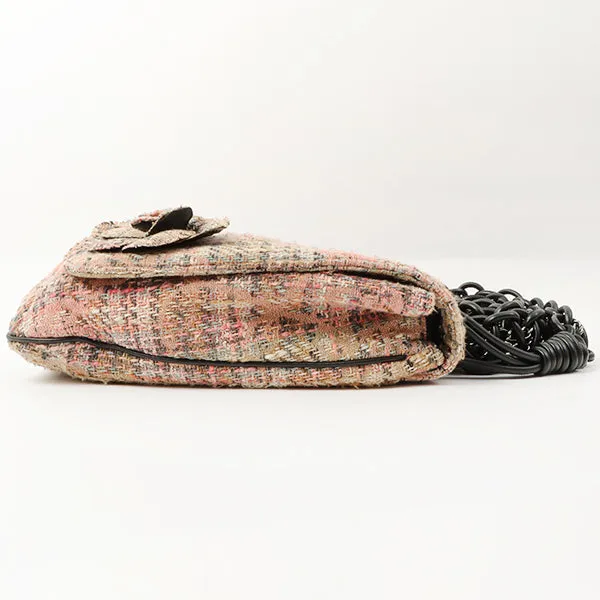 Chanel Around 2005 Made Tweed Camellia Design Chain Shoulder Bag Pink/Multi