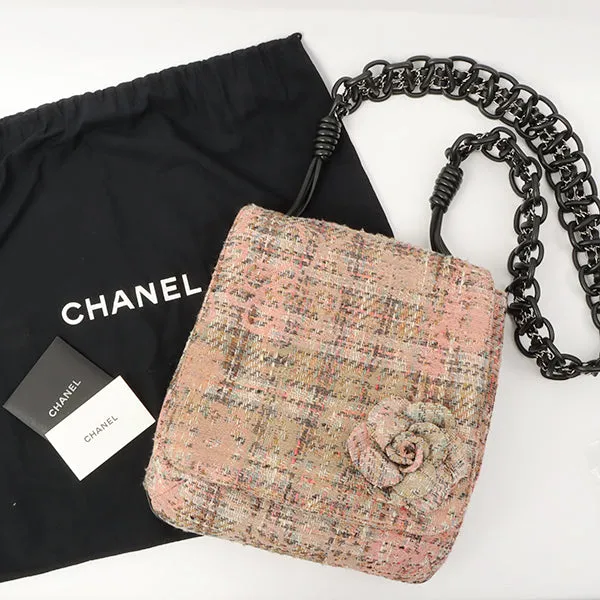 Chanel Around 2005 Made Tweed Camellia Design Chain Shoulder Bag Pink/Multi