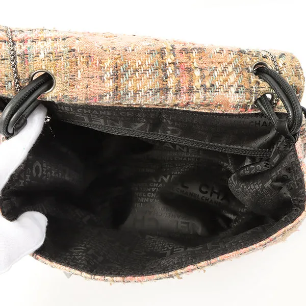 Chanel Around 2005 Made Tweed Camellia Design Chain Shoulder Bag Pink/Multi