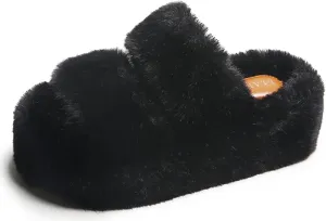 ChayChax Women Fluffy Platform Slippers Double Strap Memory Foam House Shoes Open Toe Soft Fuzzy Indoor Outdoor Slides with Non Slip Rubber Sole
