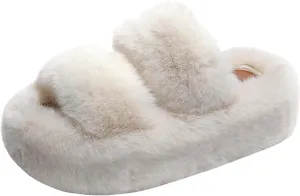 ChayChax Women Fluffy Platform Slippers Double Strap Memory Foam House Shoes Open Toe Soft Fuzzy Indoor Outdoor Slides with Non Slip Rubber Sole