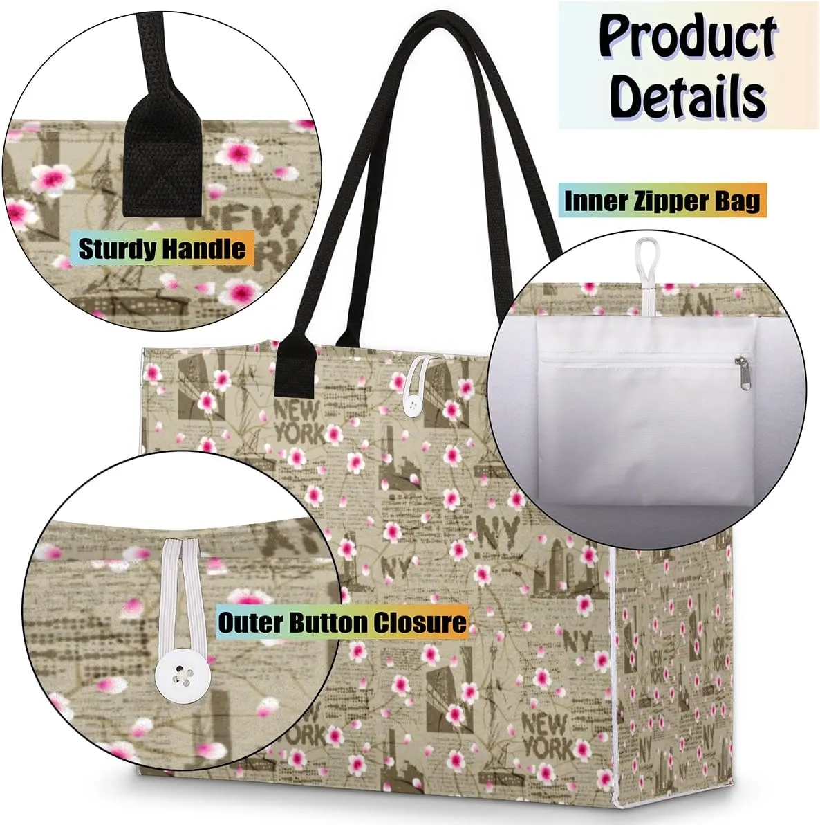 Cherry Retro Grunge Large Tote Bag Large Shoulder Bag For Women Teachers Nurses Work Shopping Travel Daily Use