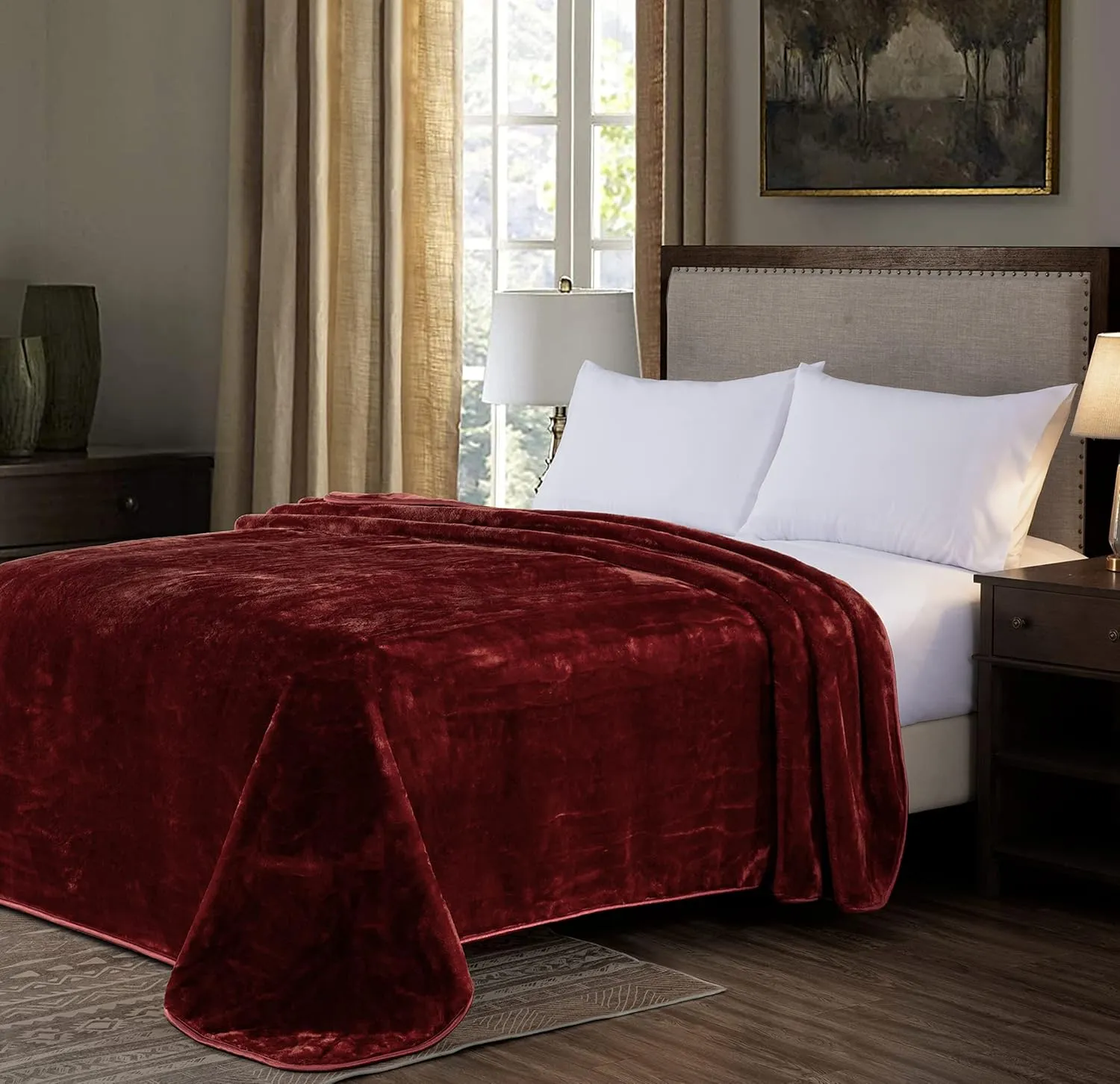 Chezmoi Collection Heavy Single Ply 9 Lbs Korean Style Faux Mink Blanket, 750GSM Thick Silky Soft Plush Raschel Mink Blanket, 85" x 95" King, Solid Burgundy