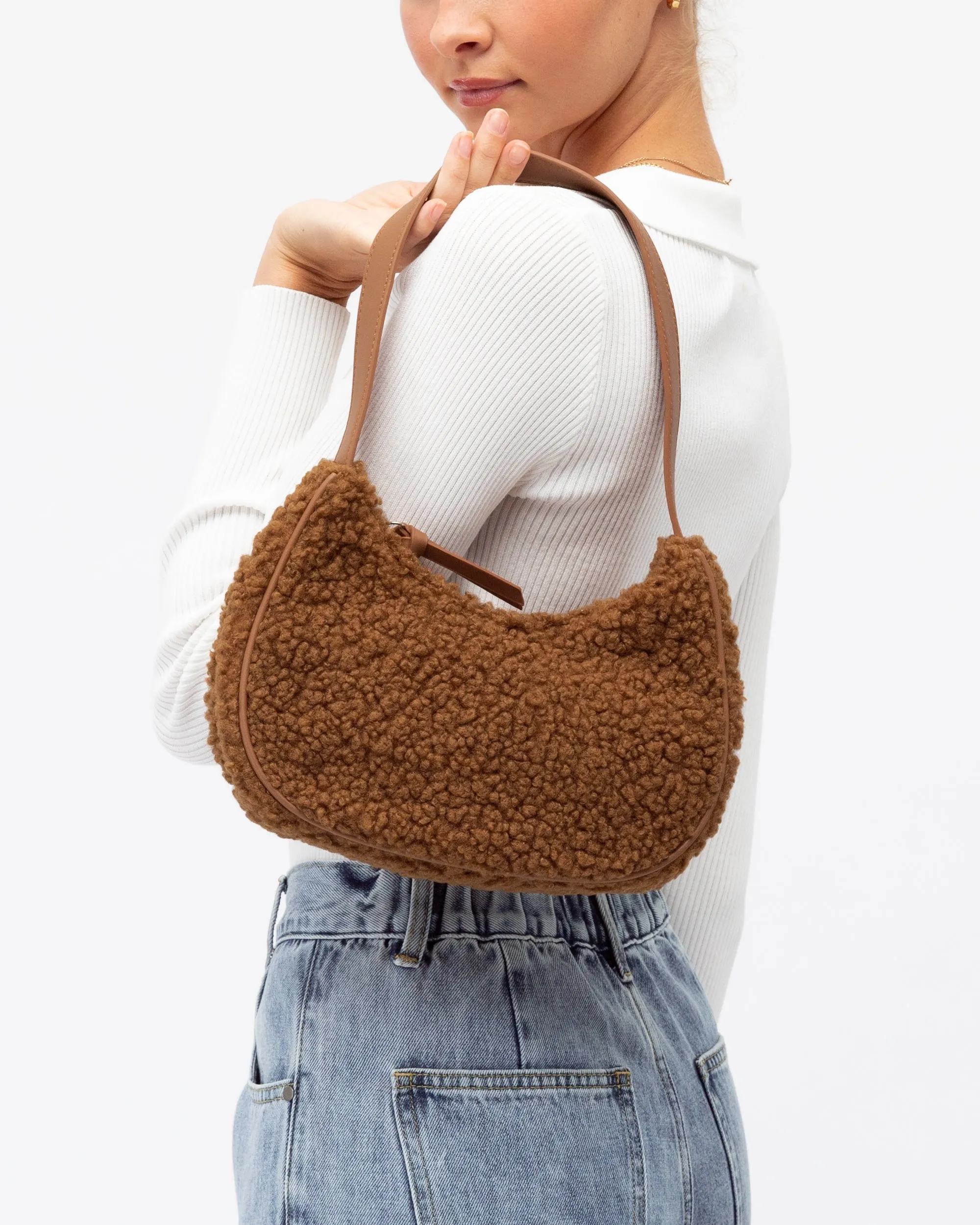 CHOCOLATE SHERPA SHOULDER HANDBAG