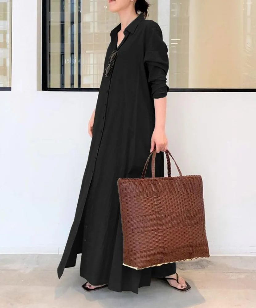 chouyatou Women's Basic Loose Fit Long Sleeve Button Up Maxi Shirt Dress with Pockets