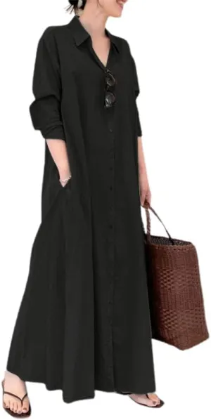 chouyatou Women's Basic Loose Fit Long Sleeve Button Up Maxi Shirt Dress with Pockets