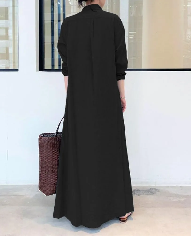 chouyatou Women's Basic Loose Fit Long Sleeve Button Up Maxi Shirt Dress with Pockets