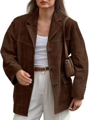 chouyatou Women's Faux Suede Blazer Jacket Notched Lapel Single Breasted Faux Suede Leather Suit Jacket