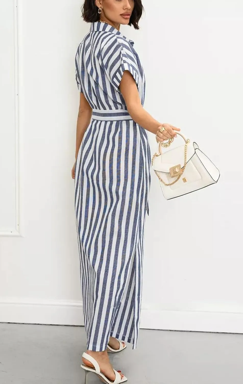 chouyatou Women's Summer Short Sleeve Striped Shirt Dress Beach Maxi Long Belted Casual Button Down Dress