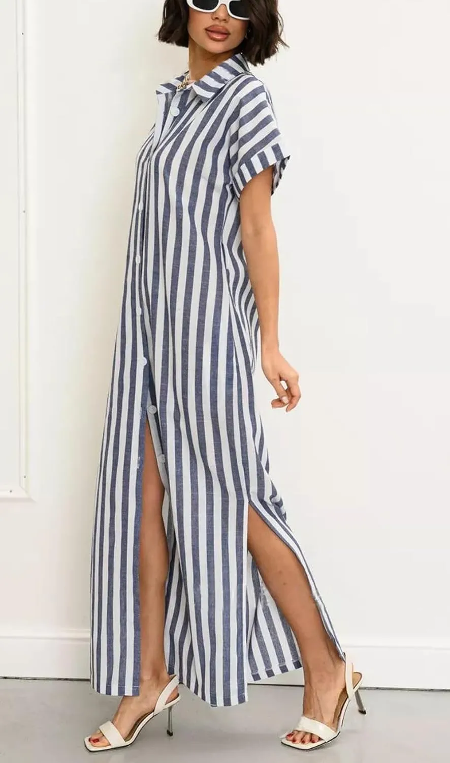 chouyatou Women's Summer Short Sleeve Striped Shirt Dress Beach Maxi Long Belted Casual Button Down Dress