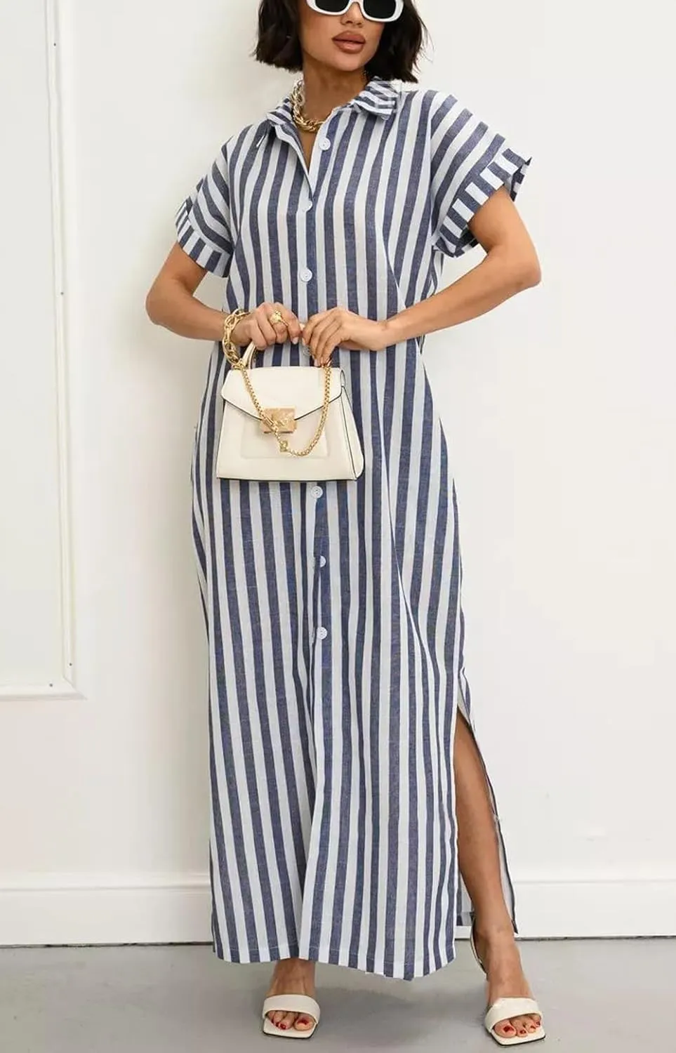 chouyatou Women's Summer Short Sleeve Striped Shirt Dress Beach Maxi Long Belted Casual Button Down Dress