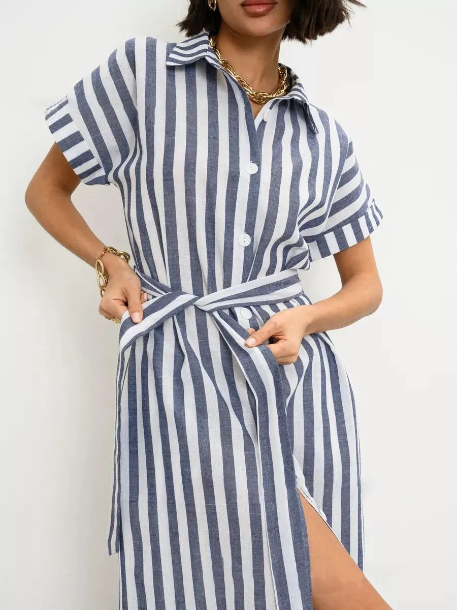 chouyatou Women's Summer Short Sleeve Striped Shirt Dress Beach Maxi Long Belted Casual Button Down Dress