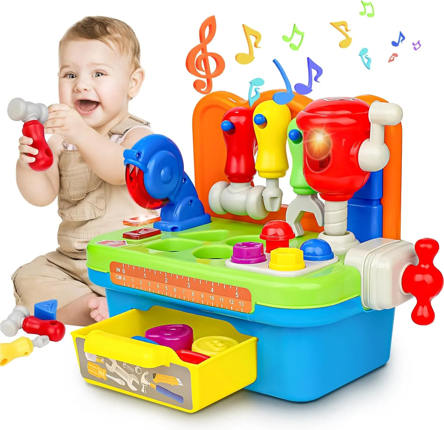 Cinne Toddler Tool Set Age 1-2, Toys for 1 Year Old Boy Gifts, Baby Workbench with Light & Sound, Baby Tool Set with Shape Sorter