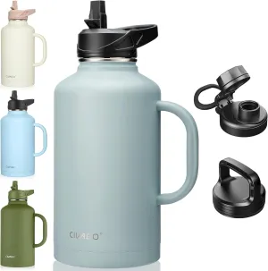 CIVAGO 64 oz Insulated Water Bottle Jug with Straw and Handle, Half Gallon Stainless Steel Water Flask, Large Sports Metal Water Bottle with Straw Lid (3 Lids), Big Thermal Mug Cup, Sage