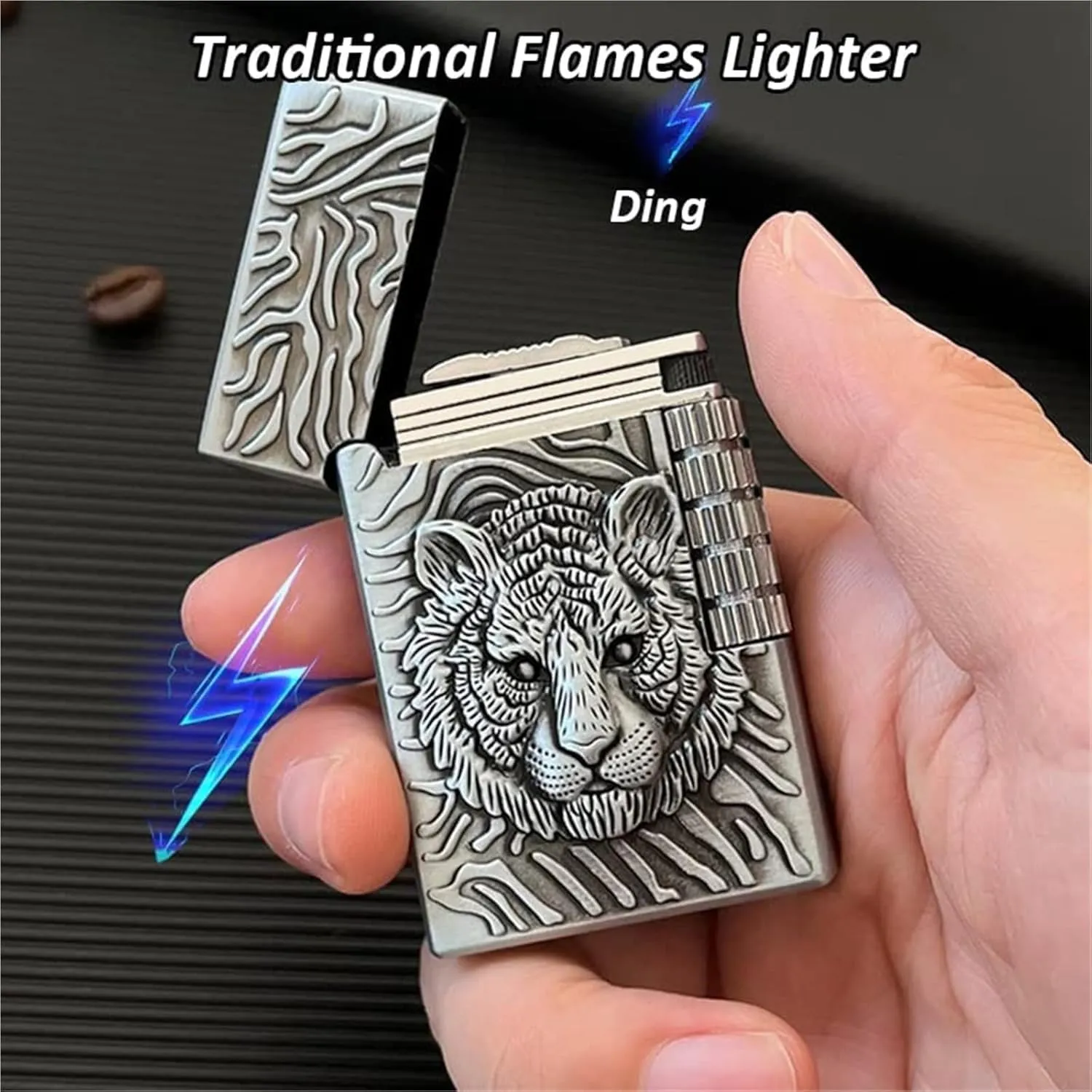 Classic brass Grinding Wheel Lighter, 3D Engraving,Sound of Opening Lid,Flint Side Slide Igniter,Soft Flame Lighter Butane Lighter, Outdoor Cigarette/Cigar/Candle Gift for Men，Dad Husband Gift Collect